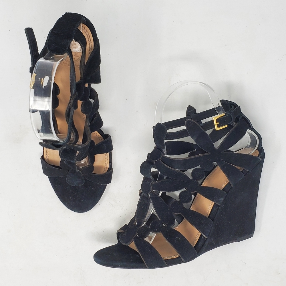 TORY BURCH Black Suede Gladiator Wedge Sandals Size 8.5
